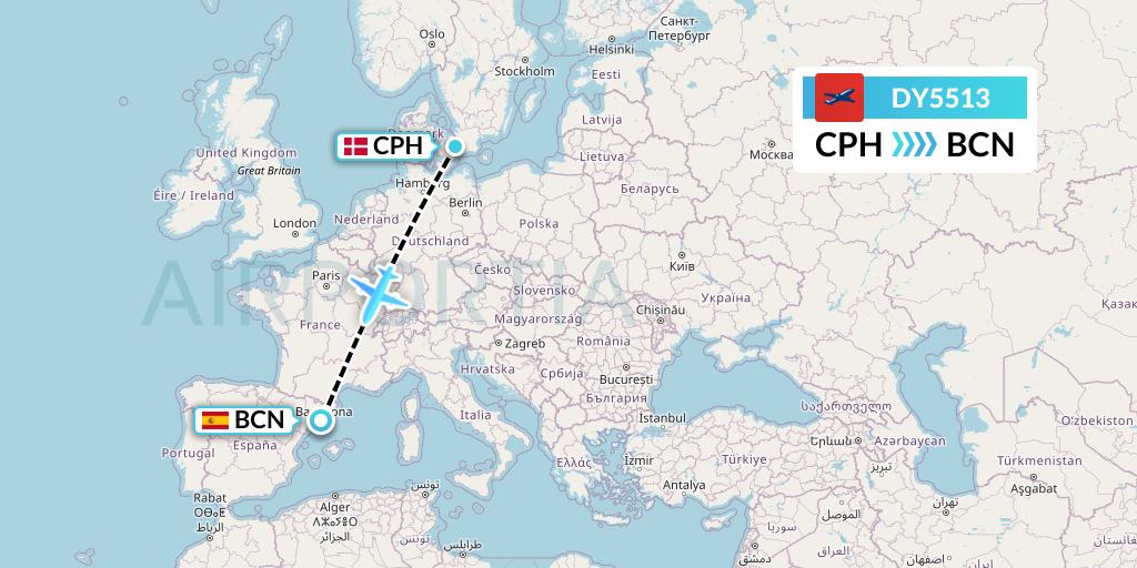 DY5513 Norwegian Flight Map: Copenhagen to Barcelona