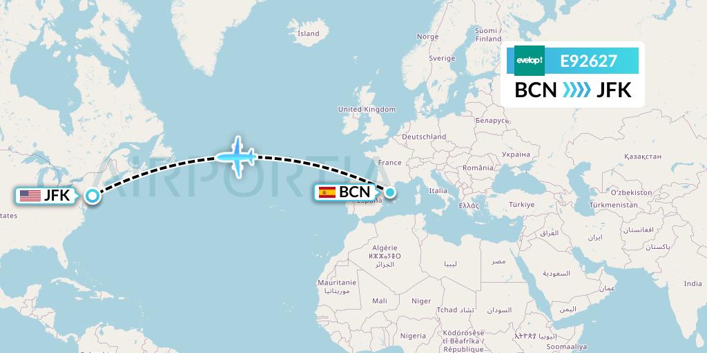 E92627 Evelop Airlines Flight Map: Barcelona to New York