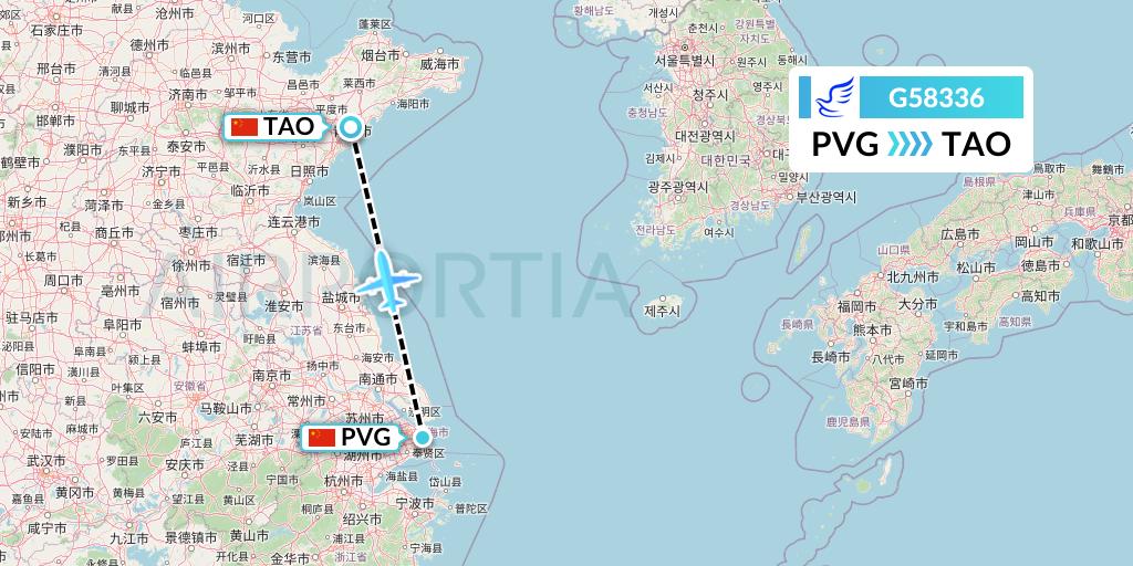G58336 China Express Airlines Flight Map: Shanghai to Qingdao