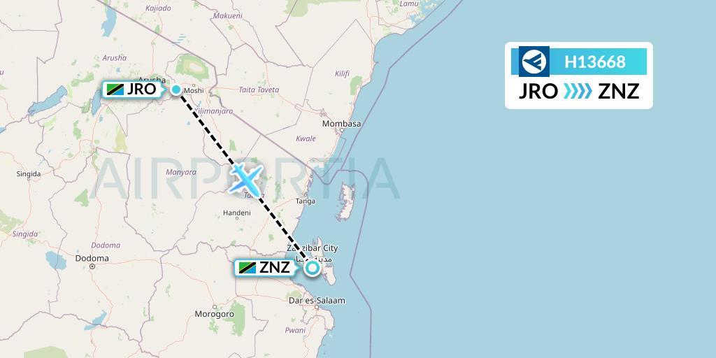 H13668 Hahn Air Systems Flight Map: Kilimanjaro to Zanzibar