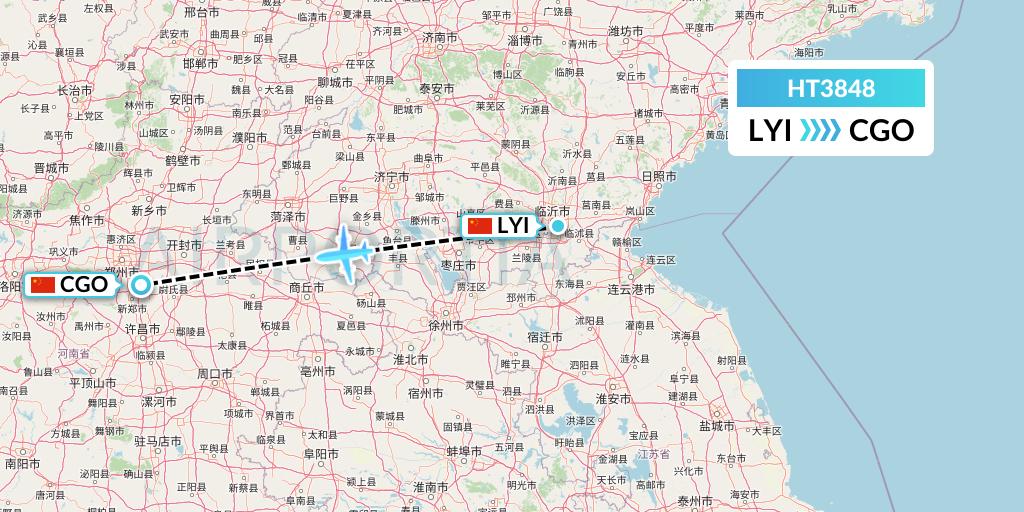 HT3848 Ningxia Cargo Airlines CO.,LTD Flight Map: Linyi to Zhengzhou