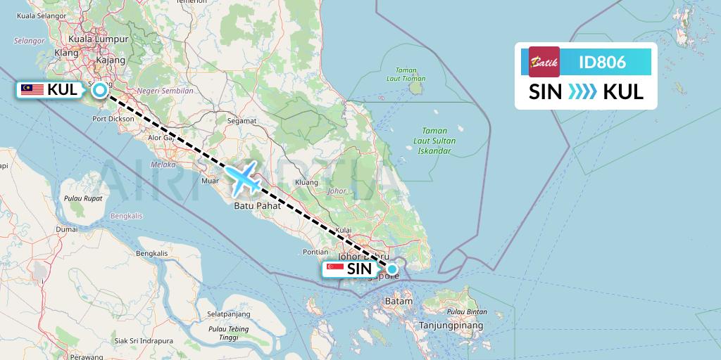 ID806 Batik Air Flight Map: Singapore to Kuala Lumpur