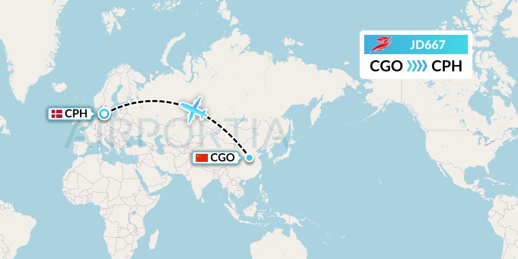 JD667 Capital Airlines Flight Map: Zhengzhou to Copenhagen