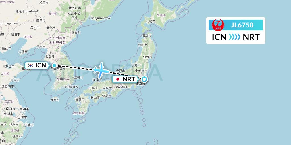 JL6750 Japan Airlines Flight Map: Seoul to Tokyo