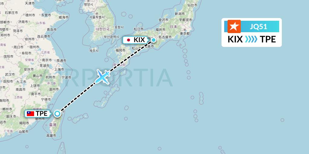 JQ51 Jetstar Airways Flight Map: Osaka to Taipei