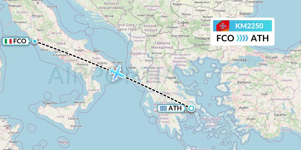 KM2250 Air Malta Flight Map: Rome to Athens