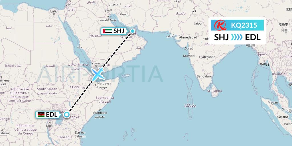 KQ2315 Kenya Airways Flight Map: Sharjah to Eldoret