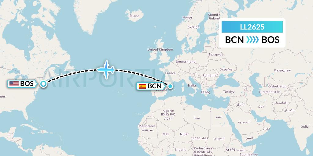 LL2625 Miami Air International Flight Map: Barcelona to Boston