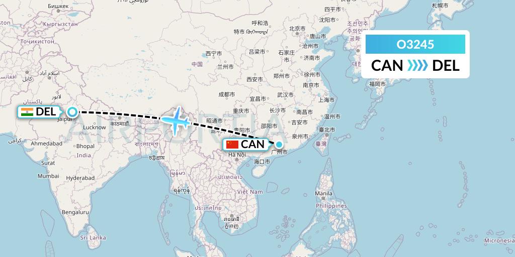 O3245 SF Airlines Flight Map: Guangzhou to Delhi