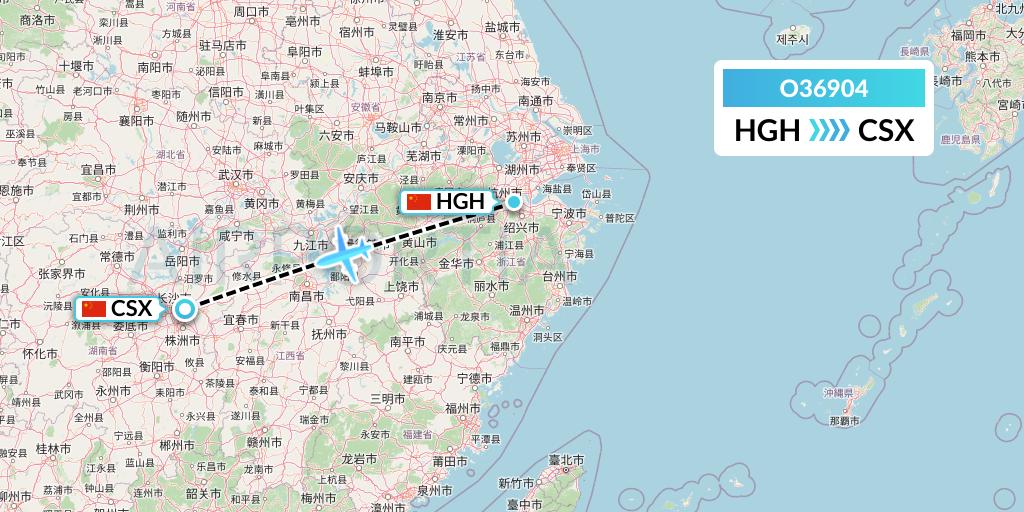 O36904 SF Airlines Flight Map: Hangzhou to Changsha
