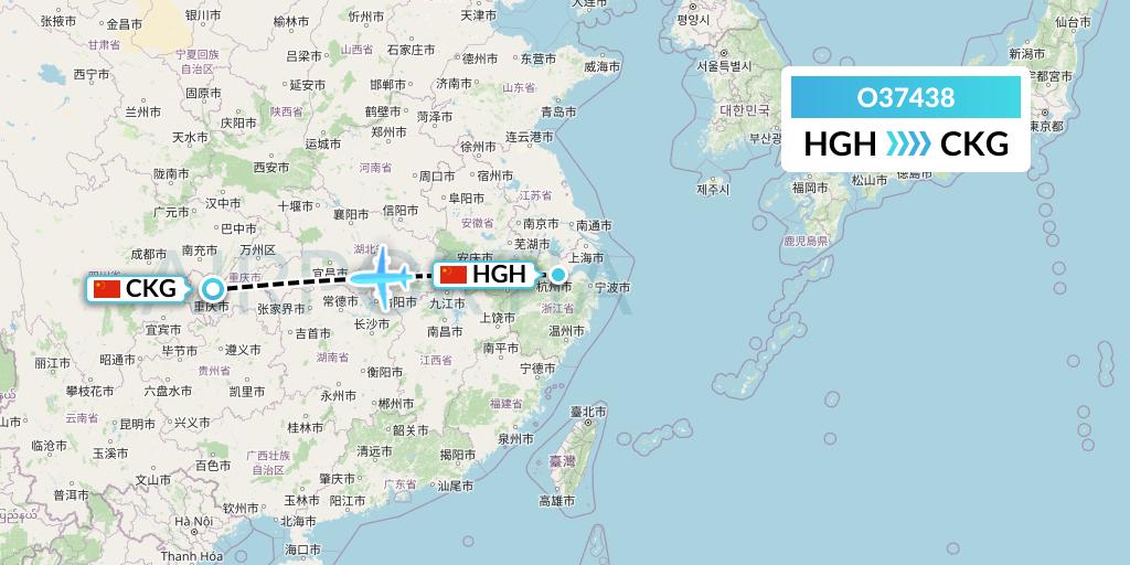 O37438 SF Airlines Flight Map: Hangzhou to Chongqing