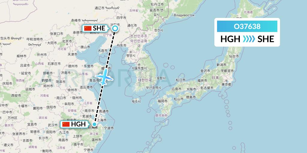 O37638 SF Airlines Flight Map: Hangzhou to Shenyang