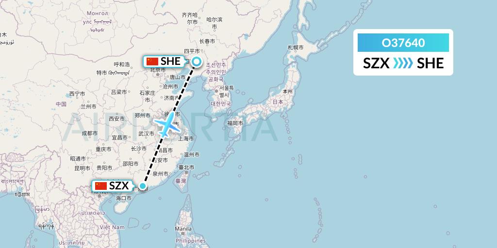 O37640 SF Airlines Flight Map: Shenzhen to Shenyang