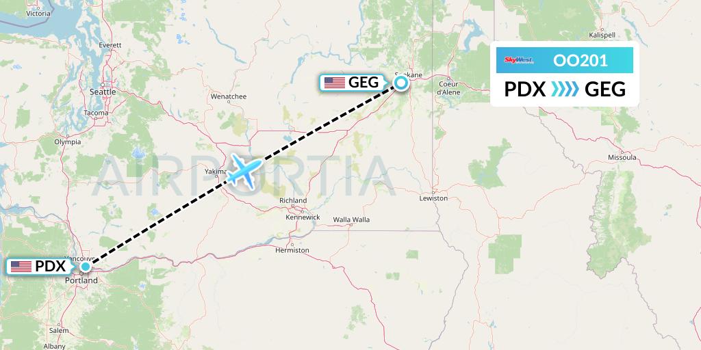 OO201 SkyWest Airlines Flight Map: Portland to Spokane