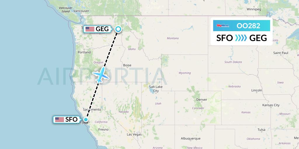 OO282 SkyWest Airlines Flight Map: San Francisco to Spokane
