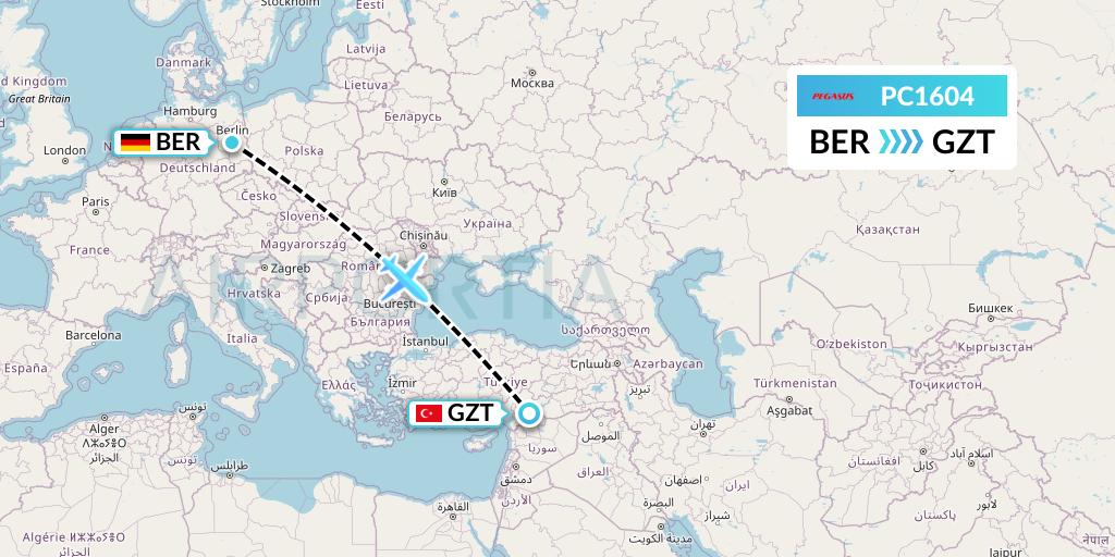 PC1604 Pegasus Airlines Flight Map: Berlin to Gaziantep