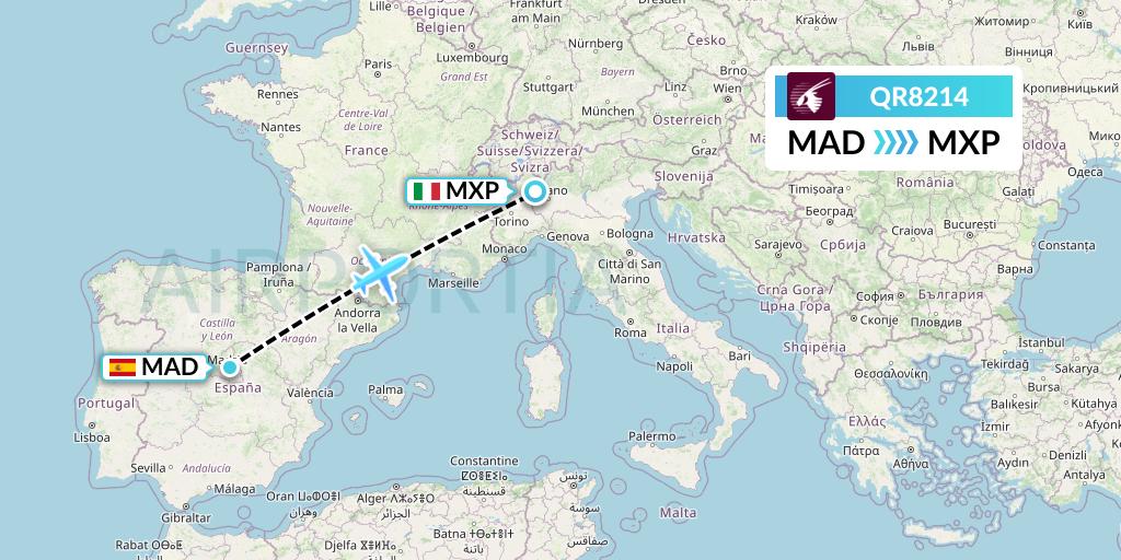 QR8214 Qatar Airways Flight Map: Madrid to Milan