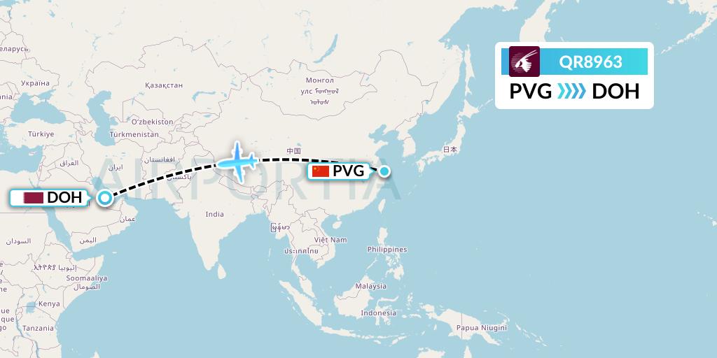 QR8963 Qatar Airways Flight Map: Shanghai to Doha