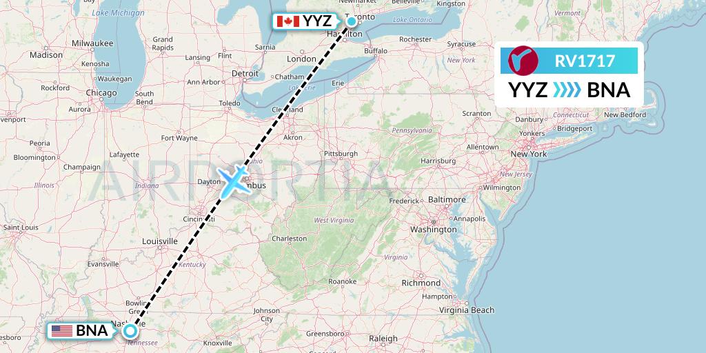 RV1717 Air Canada Rouge Flight Map: Toronto to Nashville