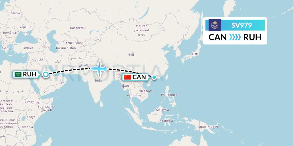 SV979 Saudi Arabian Airlines Flight Map: Guangzhou to Riyadh