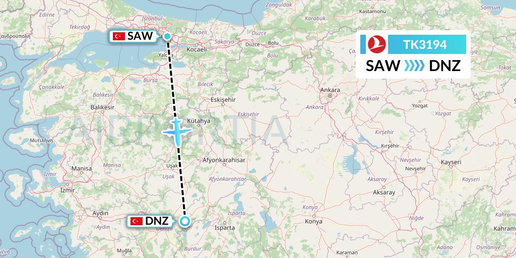 TK3194 Turkish Airlines Flight Map: Istanbul to Cardak