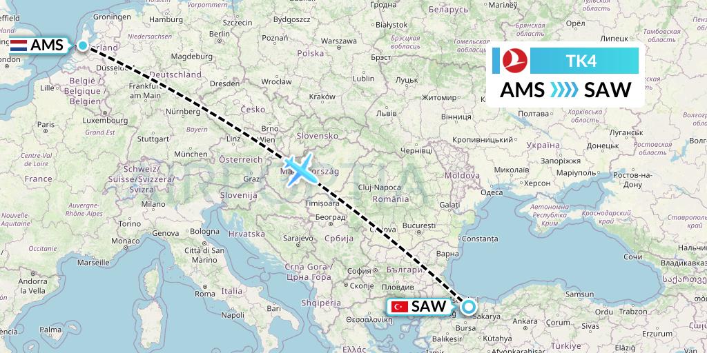TK4 Turkish Airlines Flight Map: Amsterdam to Istanbul