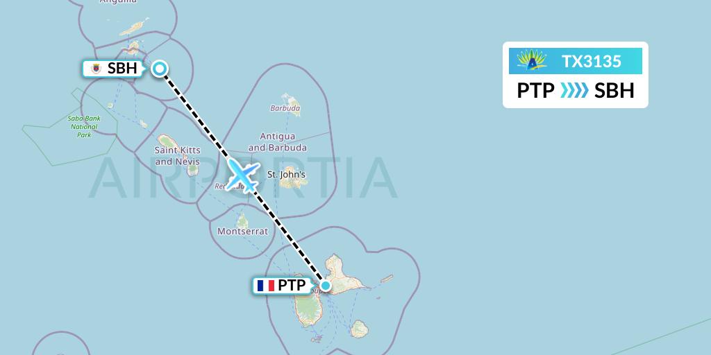 TX3135 Air Caraibes Flight Map: Pointe-a-Pitre to St. Jean