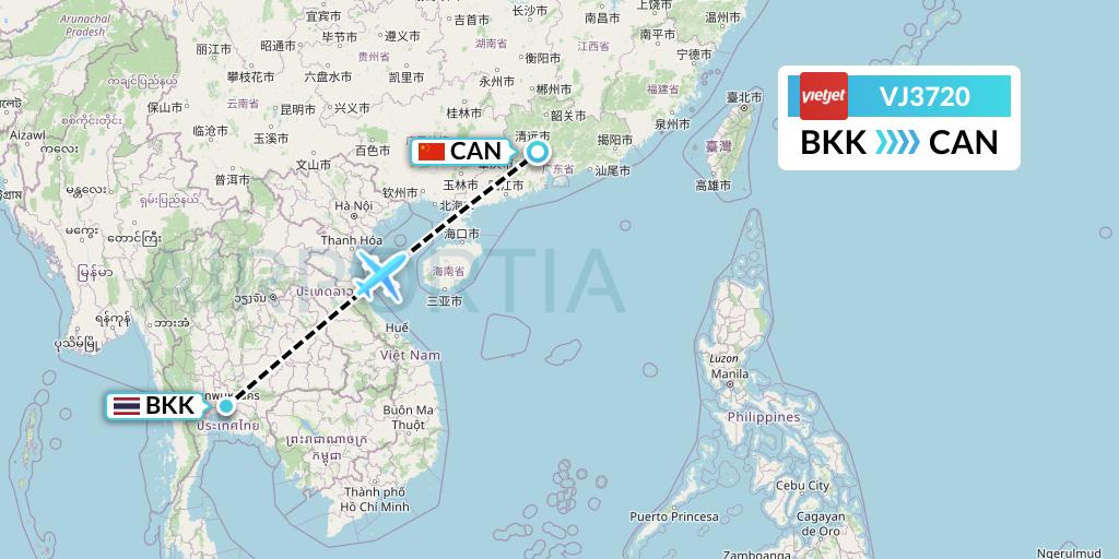 VJ3720 VietJet Air Flight Map: Bangkok to Guangzhou