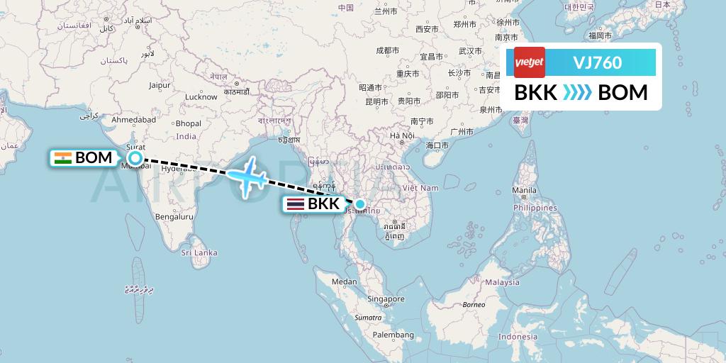 VJ760 VietJet Air Flight Map: Bangkok to Mumbai