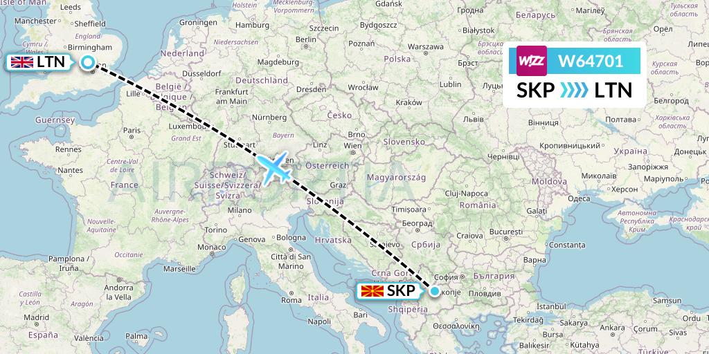 W64701 Wizz Air Flight Map: Skopje to London