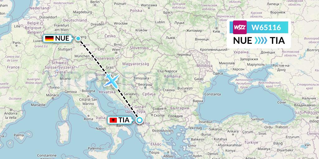 W65116 Wizz Air Flight Map: Nurnberg to Tirana