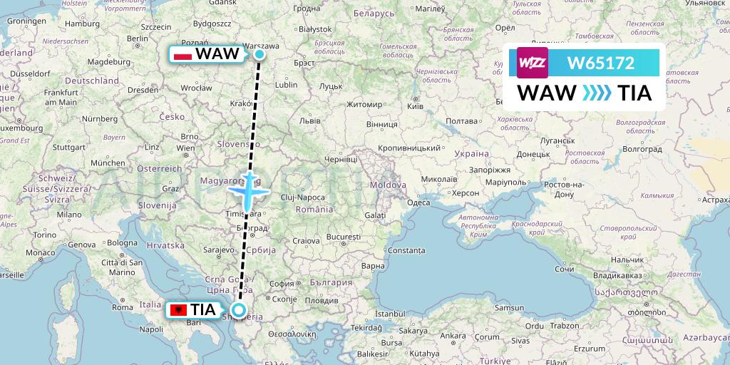 W65172 Wizz Air Flight Map: Warsaw to Tirana