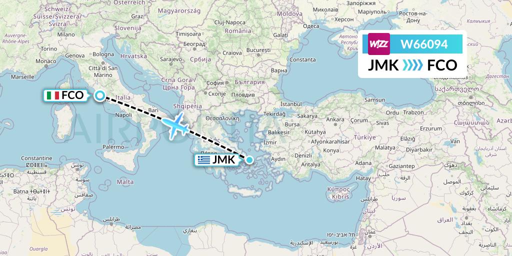W66094 Wizz Air Flight Map: Mykonos to Rome