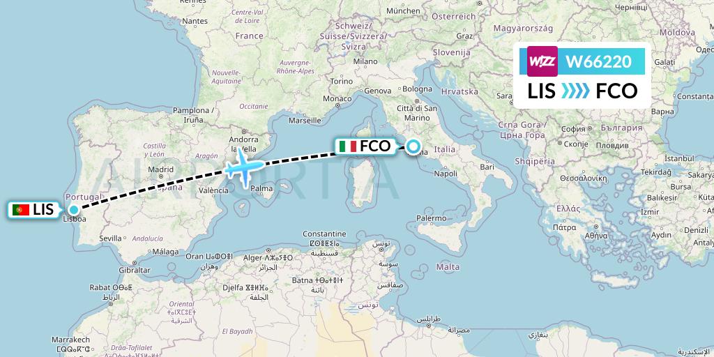 W66220 Wizz Air Flight Map: Lisbon to Rome