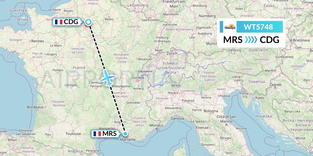 WT5748 Swiftair Flight Map: Marseille to Paris