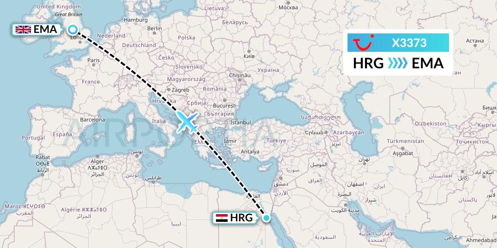 X3373 TUI fly Germany Flight Map: Hurghada to East Midlands
