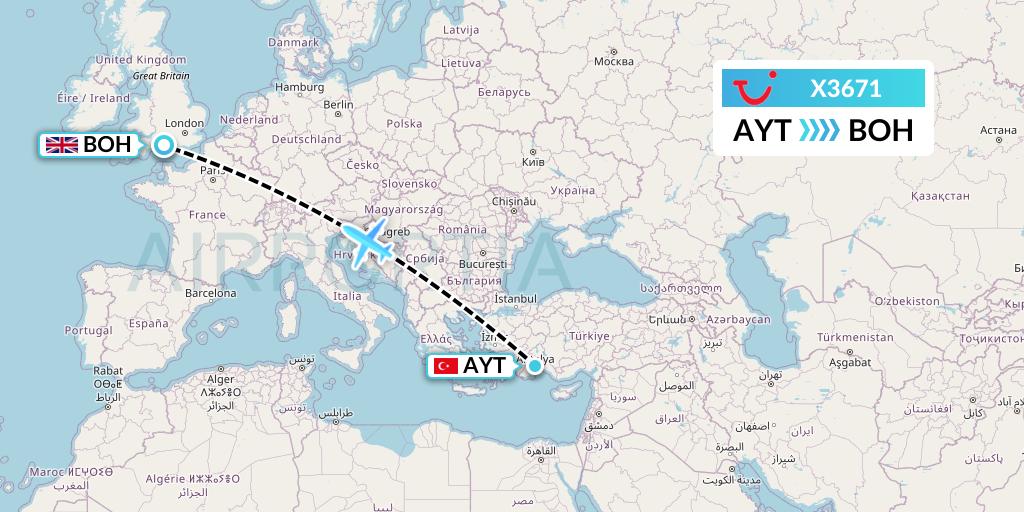 X3671 TUI fly Germany Flight Map: Antalya to Bournemouth