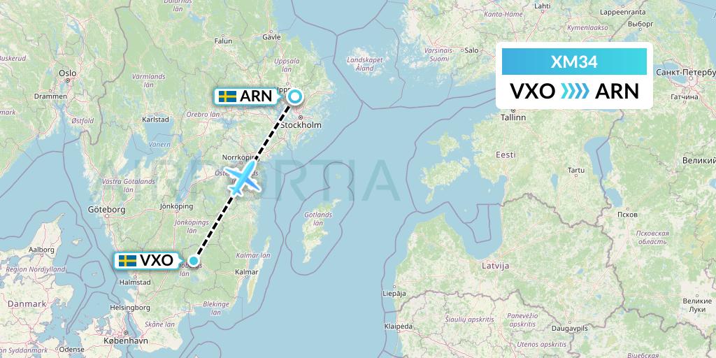 XM34 Zimex Aviation Ltd Flight Map: Vaxjo to Stockholm