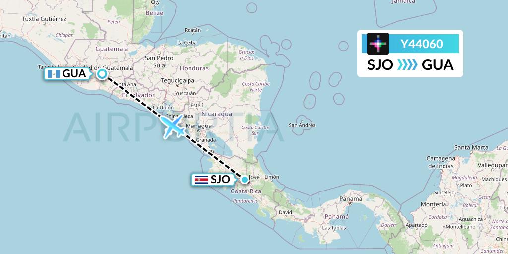 Y44060 Volaris Flight Map: San Jose to Guatemala City