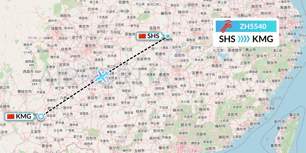 ZH5540 Shenzhen Airlines Flight Map: Shashi to Kunming