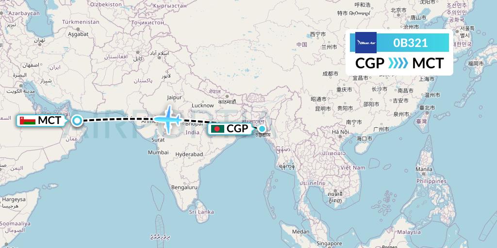 0B321 Blue Air Flight Map: Chittagong to Muscat