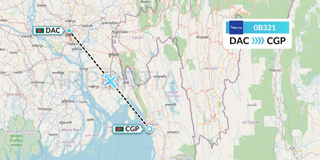 0B321 Blue Air Flight Map: Dhaka to Chittagong