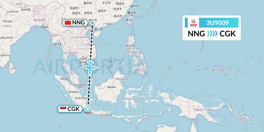 3U9009 Sichuan Airlines Flight Map: Nanning to Jakarta