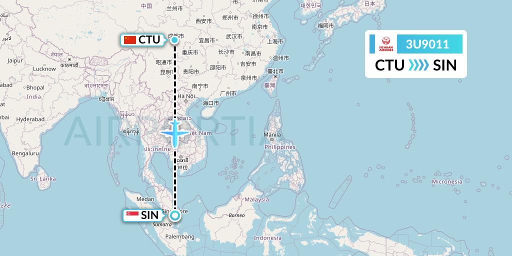 3U9011 Sichuan Airlines Flight Map: Chengdu to Singapore