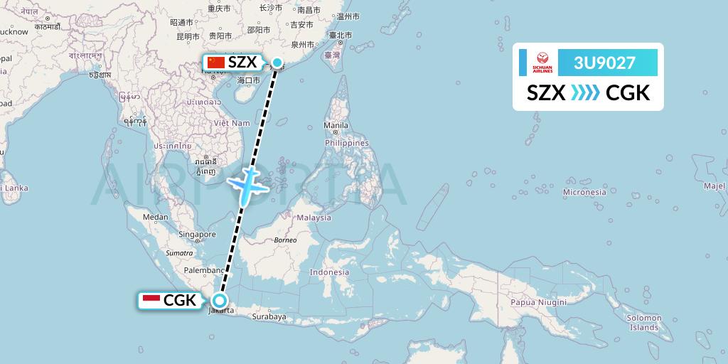 3U9027 Sichuan Airlines Flight Map: Shenzhen to Jakarta