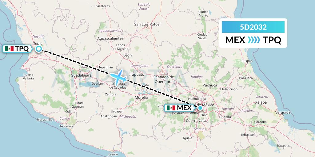 5D2032 Aeromexico Connect Flight Map: Mexico City to Tepic