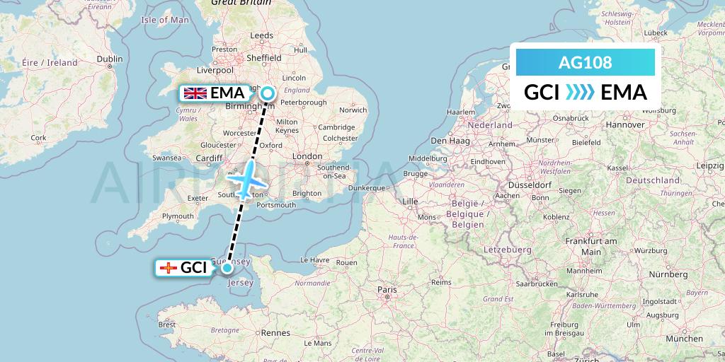 AG108 Aruba Airlines Flight Map: Guernsey to East Midlands