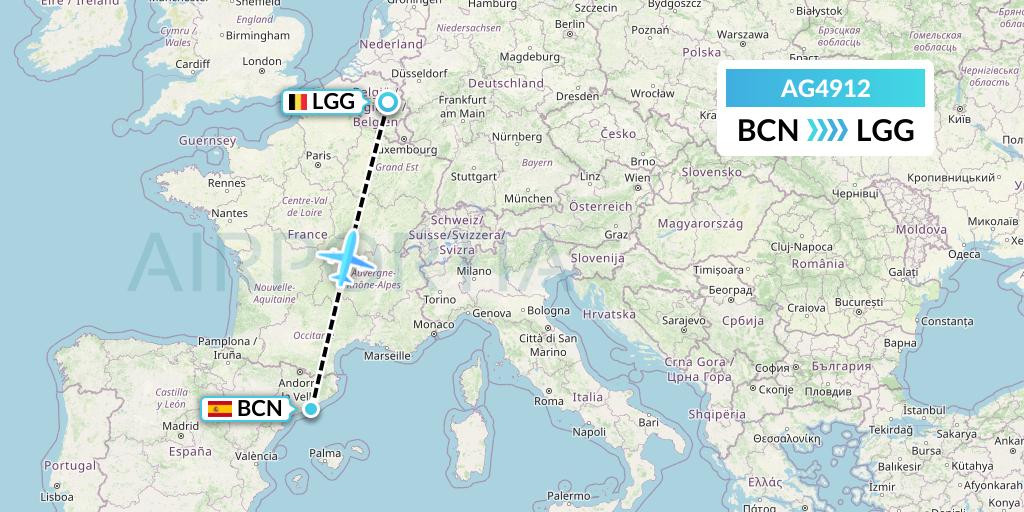 AG4912 Aruba Airlines Flight Map: Barcelona to Liege