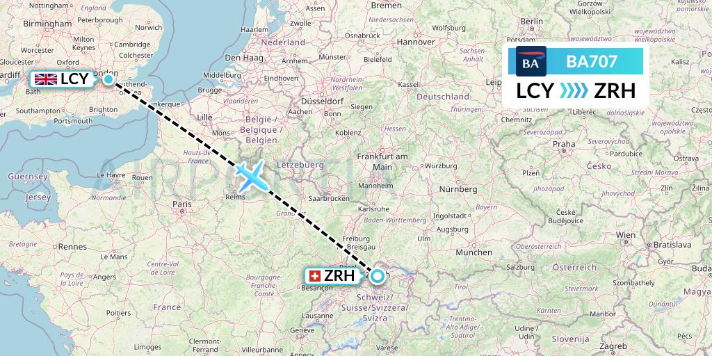 BA707 British Airways Flight Map: London to Zurich