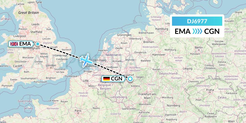 DJ6977 Air Djibouti Flight Map: East Midlands to Cologne